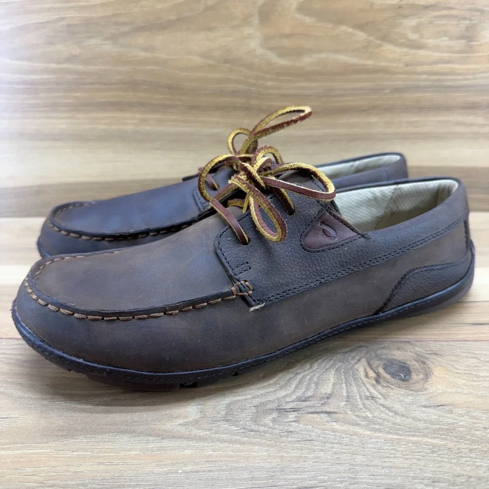 Olukai Mano Boat Loafers Mens 8 EU 41 Brown Leather Moc Toe Shoes